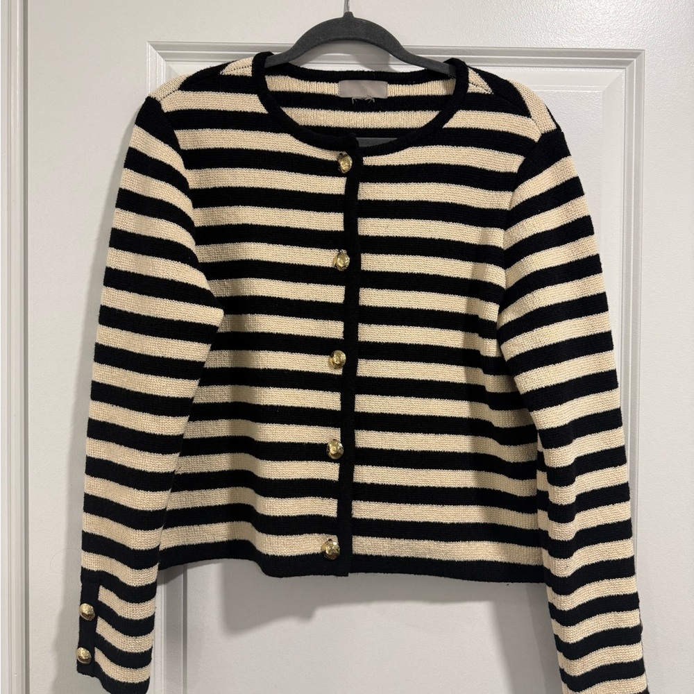 H&M Black and Cream Striped Cardigan with Gold Buttons
